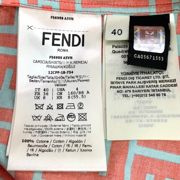 FENDI FF Logo Print Cotton Short Sleeve Button Down Shirt Size 40 Turquoise & Or - Picture 3 of 6